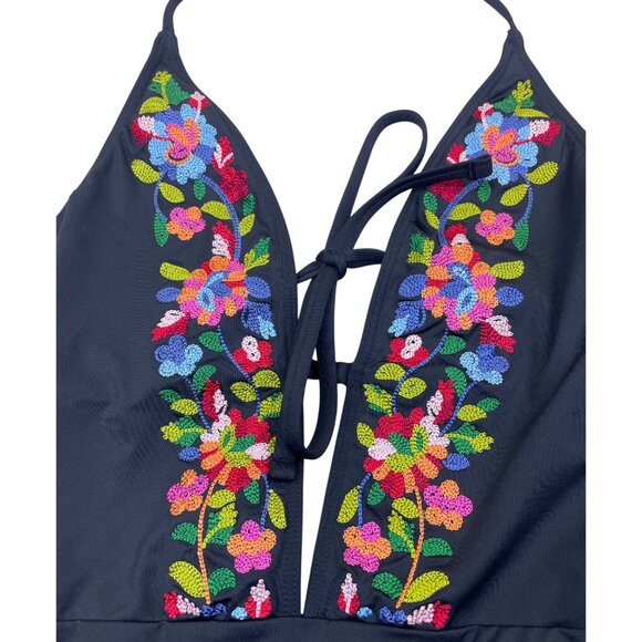 La Blanca Women’s Black Floral Embroidered Halter Swimsuit One-Piece Sz 12 - New - Picture 3 of 10